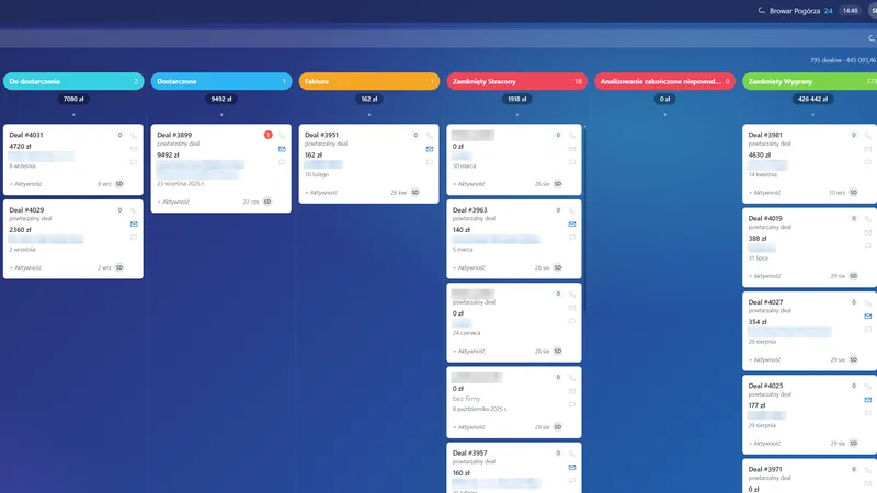 CRM: lejek sprzedaży na tablicy kanban